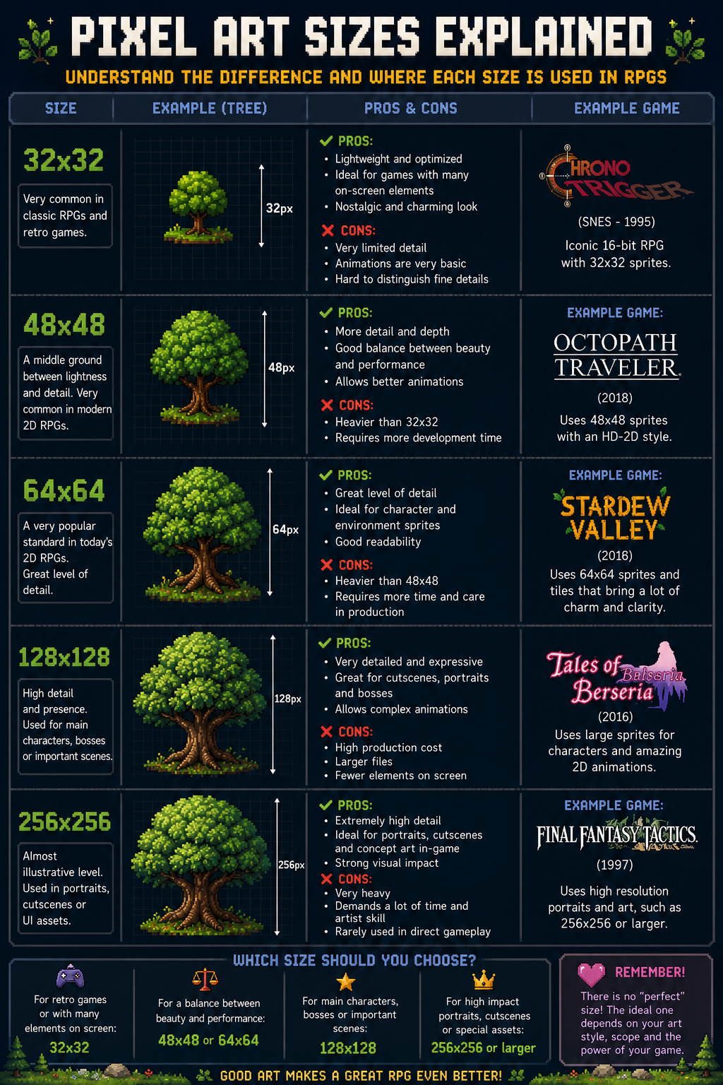Pixel art size comparison showing different sprite resolutions for game development